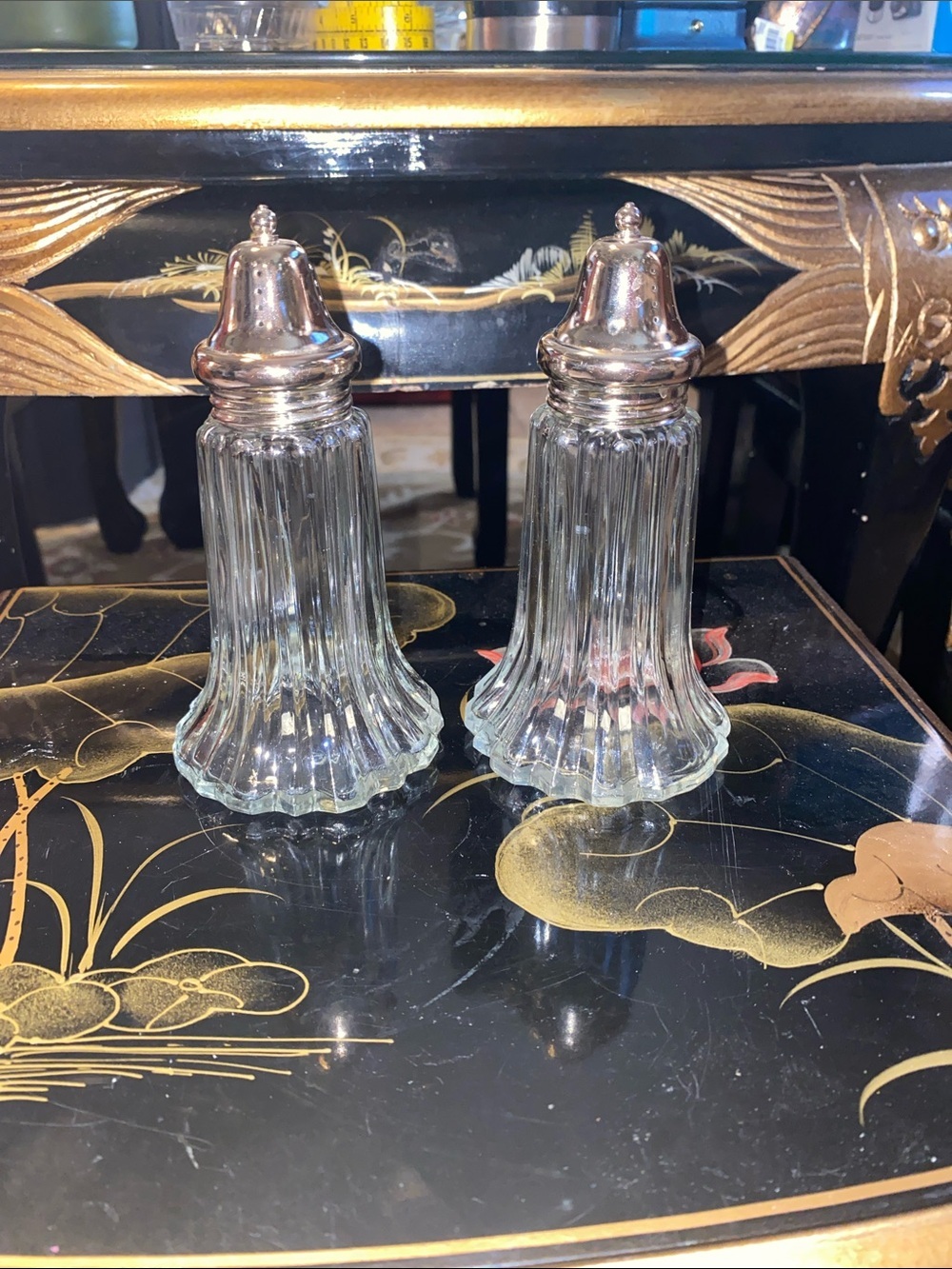 Vintage Japan Glass Salt and Pepper Shakers with Silver Tops